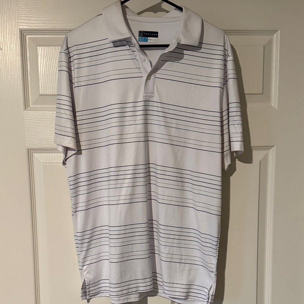 PGA Tour Men's Polo Shirt - White with Subtle Gray Lines